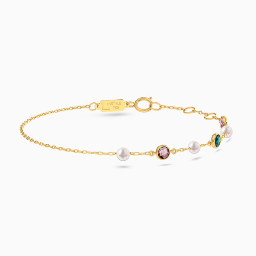 LIB121 - Round Pearls & Colored Stones Chain Bracelet in 18K Gold - 112100300462181-1.jpg