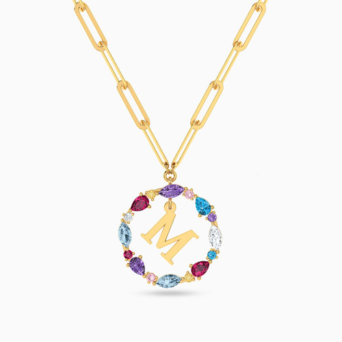 LIN622 - Letter M Colored Stones Necklace in 18K Gold - 112051101762451-1.jpg