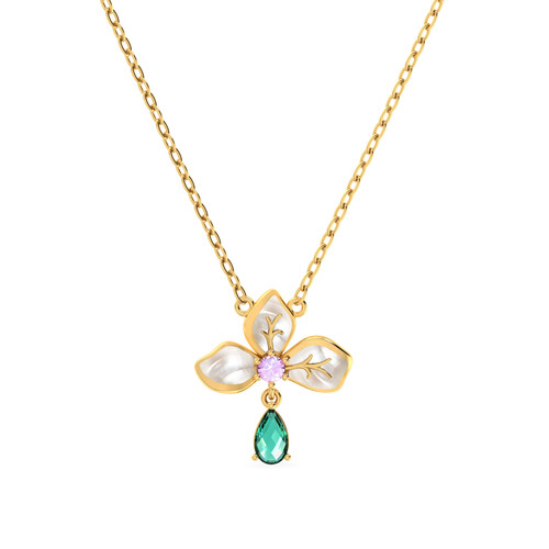 LIN959 - Flower Pearl & Green Stones Necklace in 14K Gold - 102051800412401-1.jpg