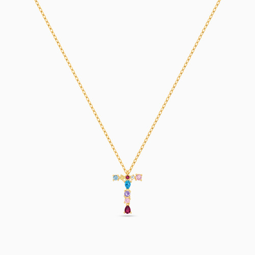 LIN987 - Letter T Colored Stones Necklace in 14K Gold - 102051800402451-3.jpg
