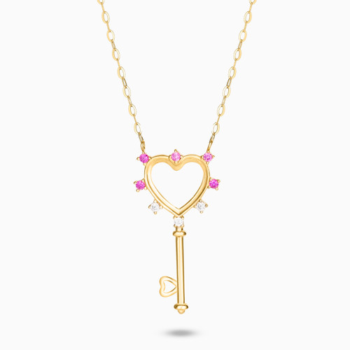 MLN1409 - Key Shape Colored Stones Necklace in 18K Gold  - 111051100272421-1.jpg