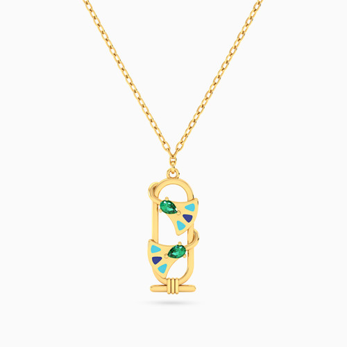 LIN1212 - Cartouche & Lotus Flower Green Stones Necklace in 14K Gold - 102051802102401-1.jpg