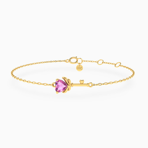MLB825 - Heart Key Pink Stone Chain Bracelet in 14K Gold - 101100300112181-1.jpg