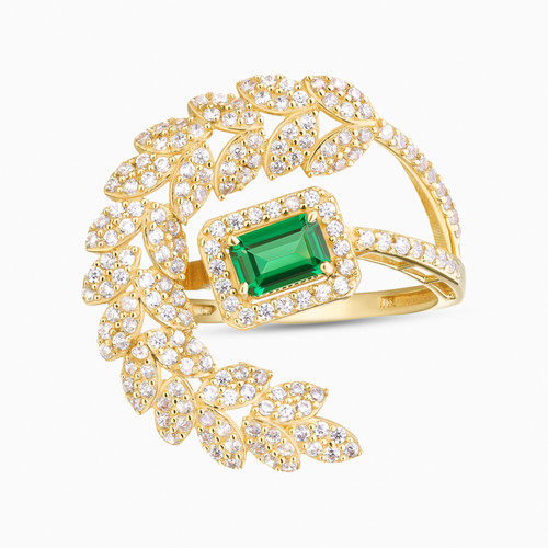 LGR1404 - Baguette Green Stone & Pavé Leaves Ring in 18K Gold - 113025300282173-1.jpg