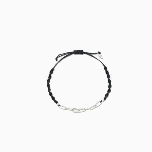 WB324 - Beads & Oval Links Black Cord Bracelet in Silver - 167101300151261-1.webp