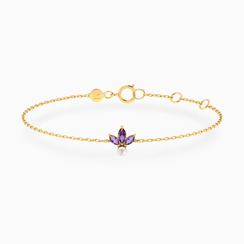 LIB333 - Three Petals Marquise Lavender Stones & Pearl Chain Bracelet in 14K Gold - 102101100182181-1.jpg