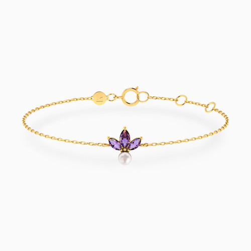LIB332 - Three Petals Marquise Lavender Stones & Pearl Chain Bracelet in 14K Gold - 102101100172181-1.jpg