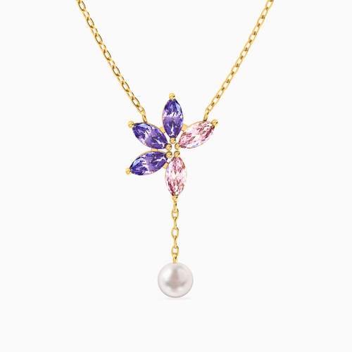 LIN1315 - Floral Cluster Marquise Lavender Stones & Pearl Y Shaped Necklace in 14K Gold - 102051100722401-1.jpg