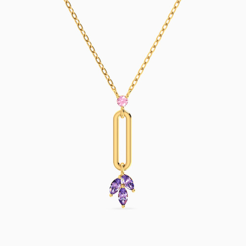 LIN1311 - Elongated Open Links Floral Lavender Stones Necklace in 14K Gold - 102051100682401-1.jpg