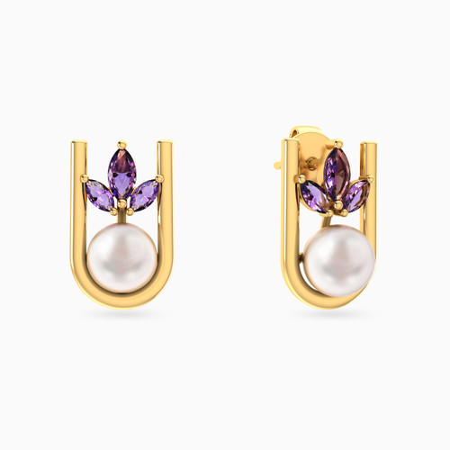 LIE198 - U Shaped Curve Lavender Stones & Pearl Stud Earrings in 14K Gold - 102031100242001-1.jpg