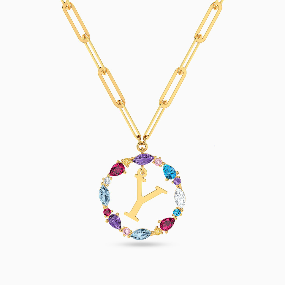 Letter Y Colored Stones Necklace in 18K Gold Letter Y Colored Stones Necklace in 18K Gold