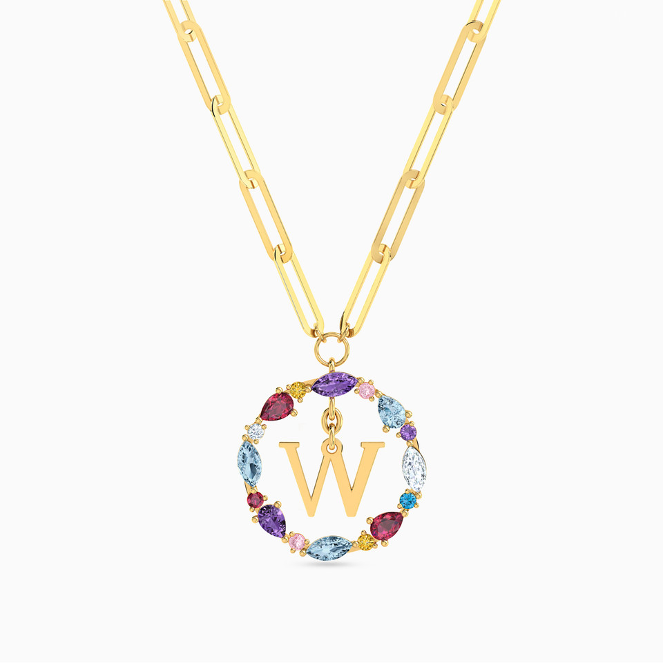 Letter W Colored Stones Necklace in 18K Gold Letter W Colored Stones Necklace in 18K Gold