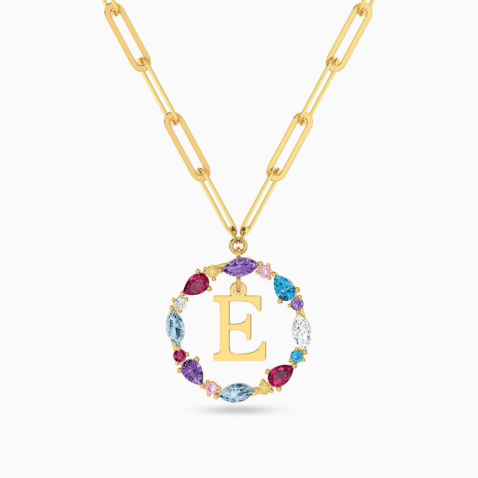 Letter E Colored Stones Necklace in 18K Gold Letter E Colored Stones Necklace in 18K Gold