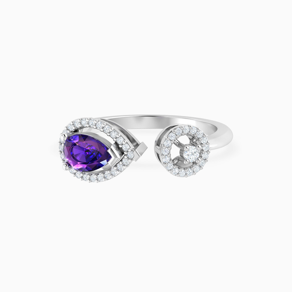 Pear Diamond & Purple Stone Two Headed Ring in 18K Gold - 3 Pear Diamond & Purple Stone Two Headed Ring in 18K Gold - 3