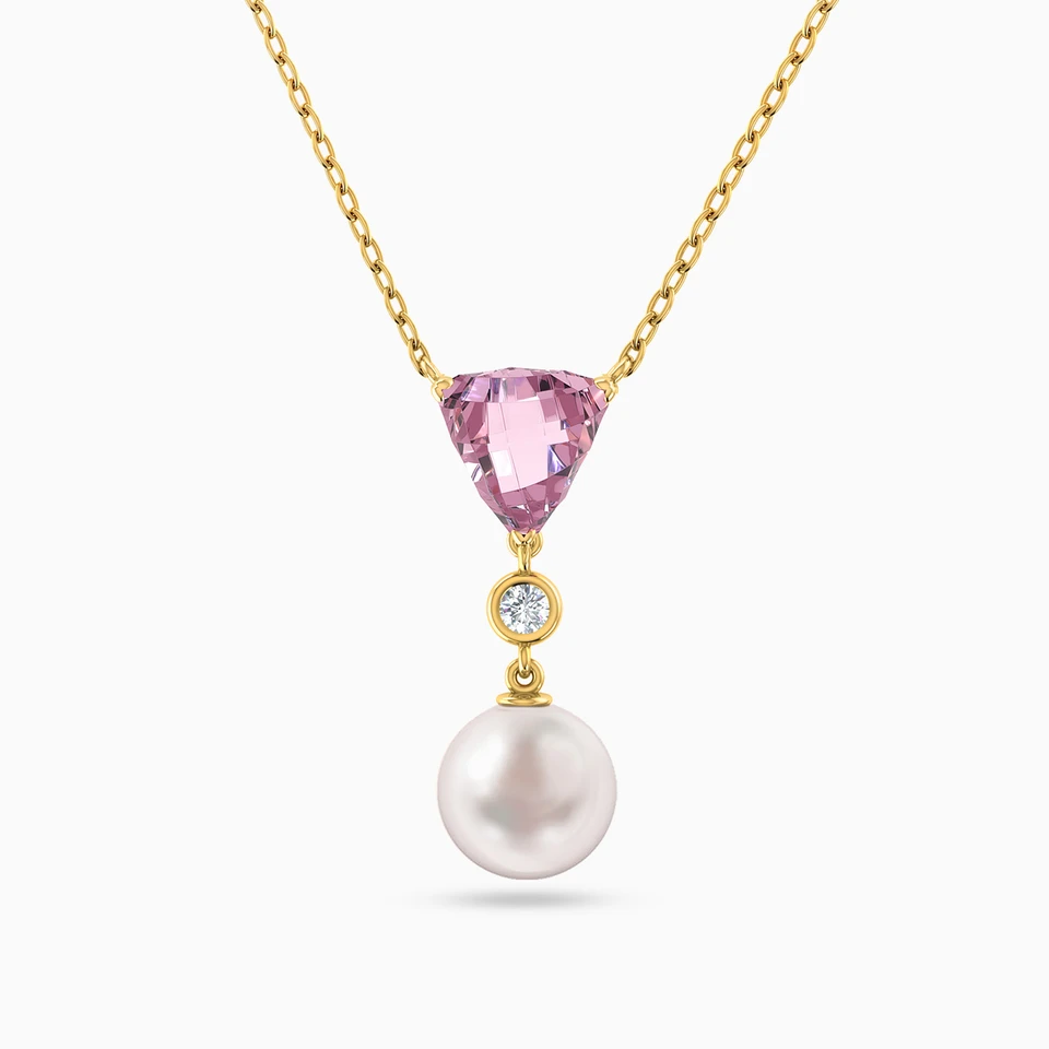 Triangle Pearl & Rose Stone Necklace in 18K Gold Triangle Pearl & Rose Stone Necklace in 18K Gold