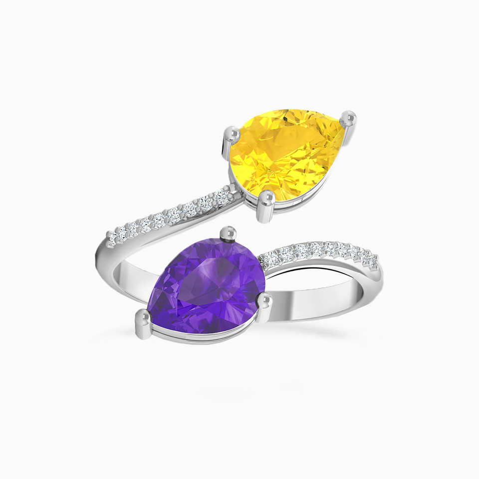 Pear Diamond & Colored Stones Two Headed Ring in 18K Gold - 3 Pear Diamond & Colored Stones Two Headed Ring in 18K Gold - 3