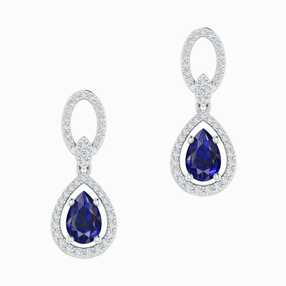 Pear Diamond & Blue Stone Drop Earrings in 18K Gold - 2 Pear Diamond & Blue Stone Drop Earrings in 18K Gold - 2