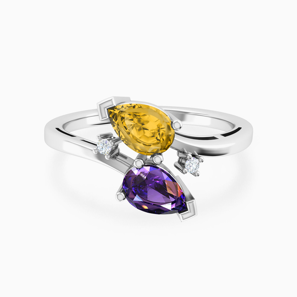 Pear Diamond & Colored Stones Two Headed Ring in 18K Gold - 3 Pear Diamond & Colored Stones Two Headed Ring in 18K Gold - 3