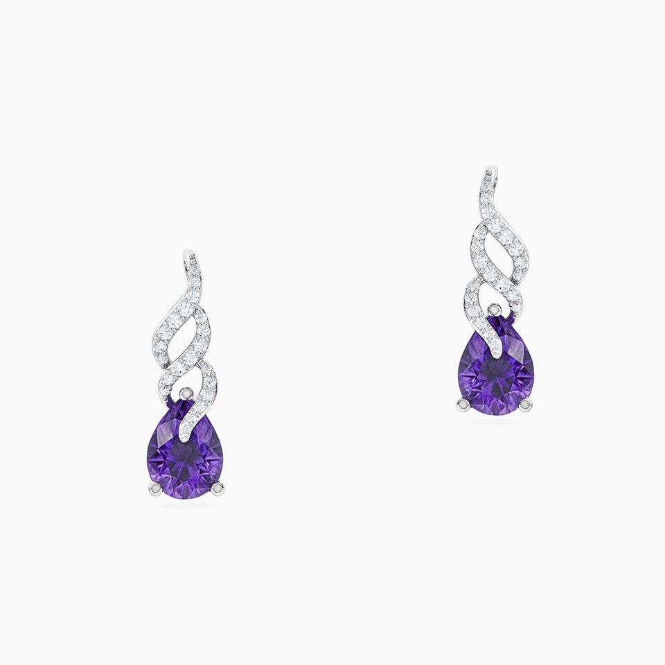 Pear Diamond & Purple Stone Drop Earrings in 18K Gold - 3 Pear Diamond & Purple Stone Drop Earrings in 18K Gold - 3