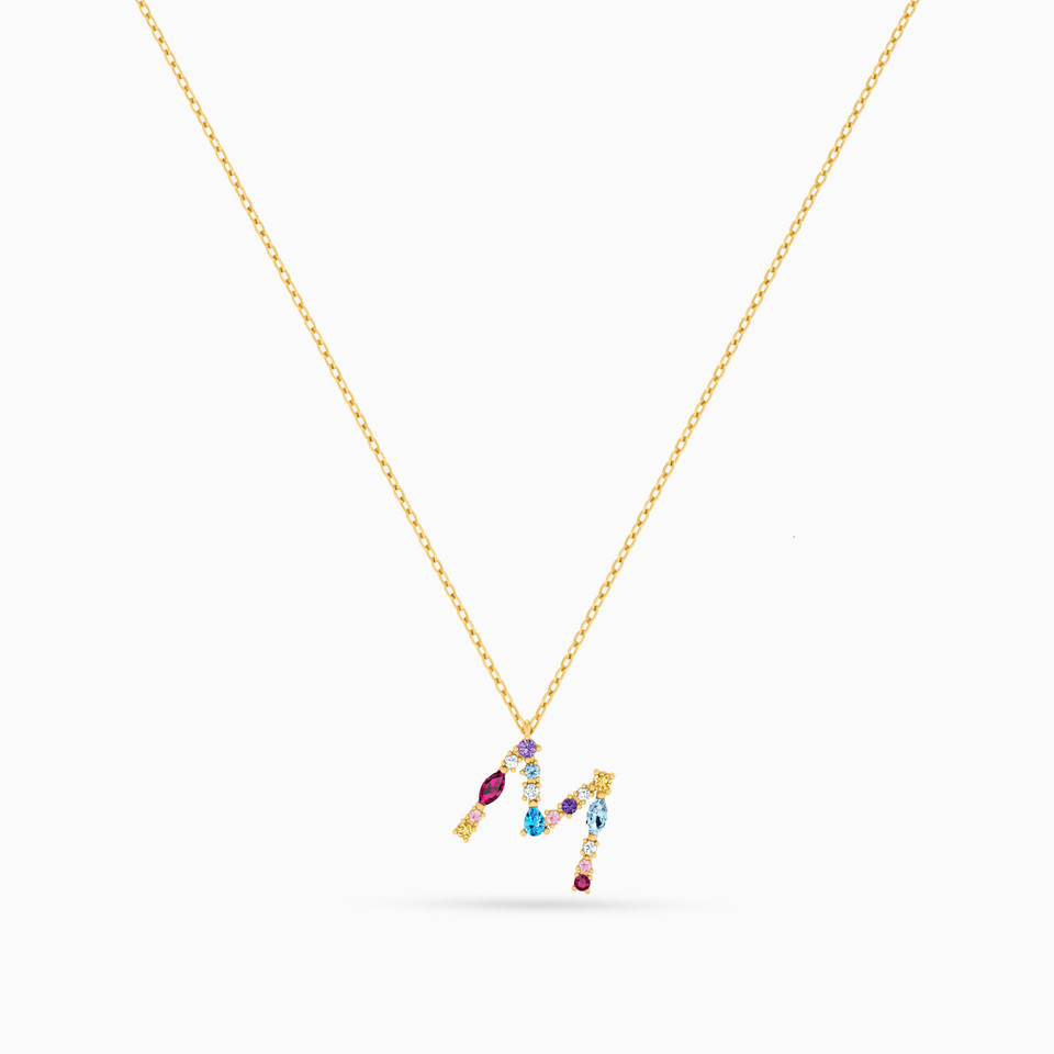 Letter M Colored Stones Necklace in 18K Gold | L'azurde Egypt