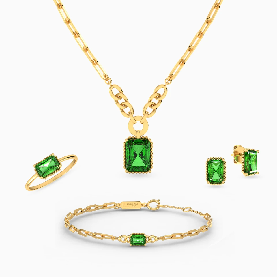 Baguette Green Stones Full Set in 18K Gold (4 Pieces) Baguette Green Stones Full Set in 18K Gold (4 Pieces)