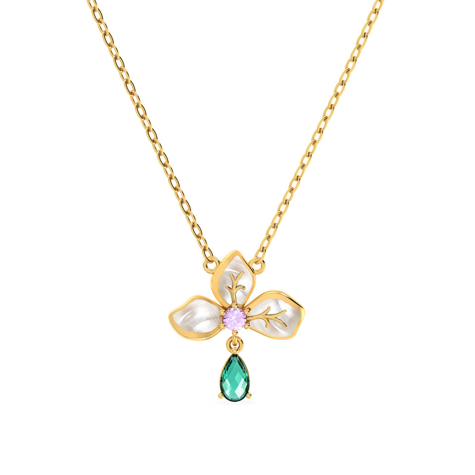 Flower Pearl & Green Stones Necklace in 14K Gold Flower Pearl & Green Stones Necklace in 14K Gold