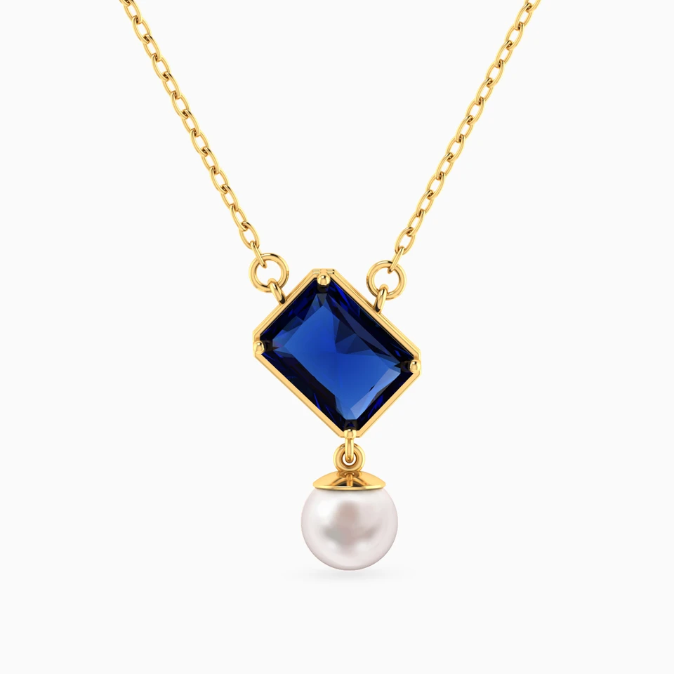 Tilted Rectangular Blue Stone & Pearl Necklace In 14K Gold Tilted Rectangular Blue Stone & Pearl Necklace In 14K Gold