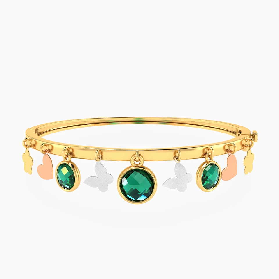 Butterflies Green Stone Bangle-Charm Bracelet In 18K Gold Butterflies Green Stone Bangle-Charm Bracelet In 18K Gold