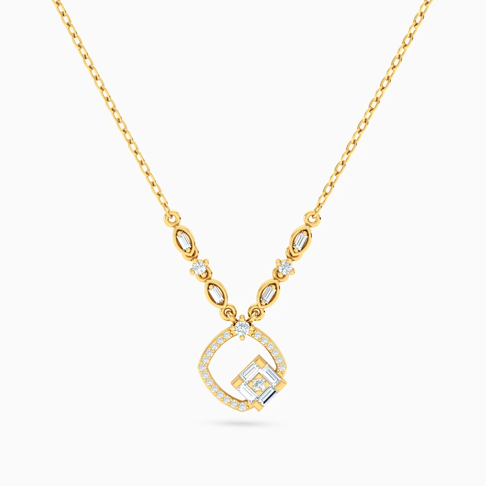 Rounded Square & Baguette Diamond Necklace in 18K Gold Rounded Square & Baguette Diamond Necklace in 18K Gold