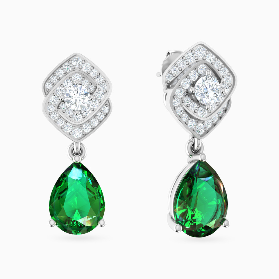 Interlocked Squares & Pear Green Stone & Diamond Drop Earrings in 18K Gold Interlocked Squares & Pear Green Stone & Diamond Drop Earrings in 18K Gold