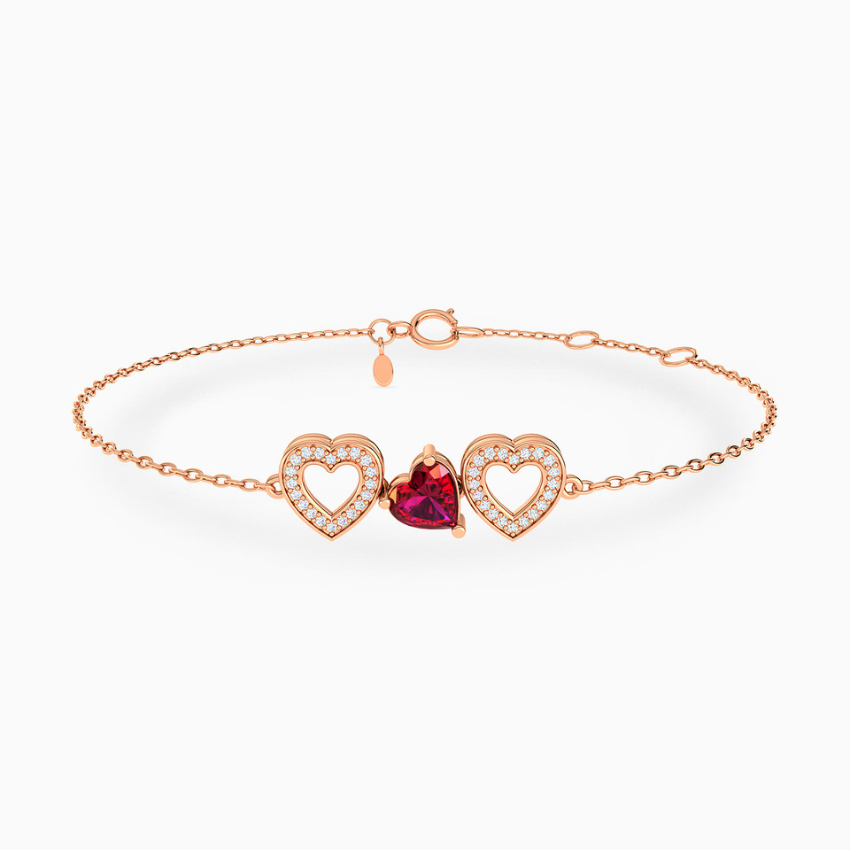 Two Haloes Heart Red Stone Diamond Chain Bracelet in 18K Gold Two Haloes Heart Red Stone Diamond Chain Bracelet in 18K Gold