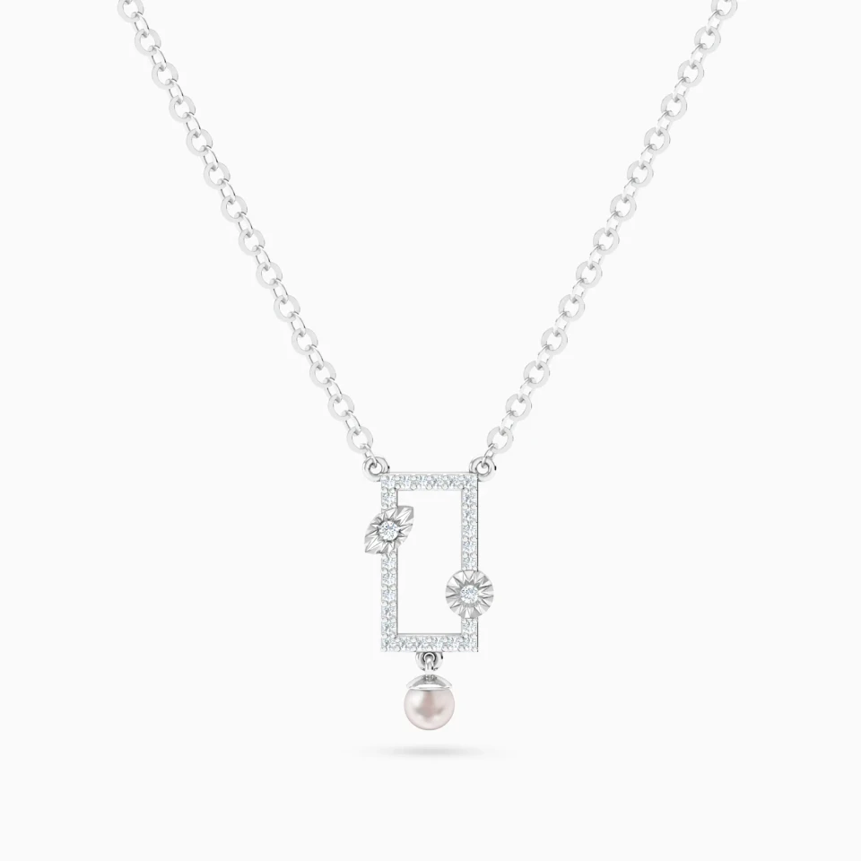 Rectangular Frame Pearl & Diamond Necklace in 14K Gold Rectangular Frame Pearl & Diamond Necklace in 14K Gold