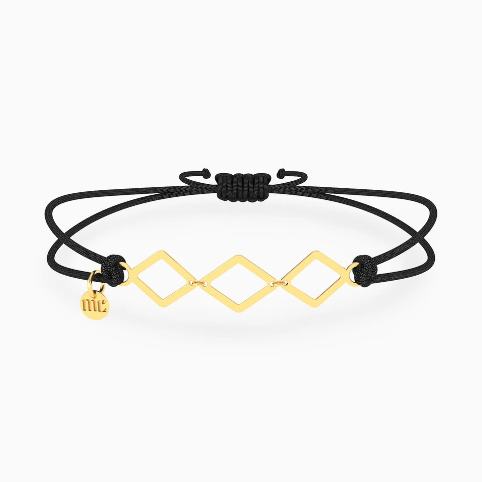 Tilted Square Open Links Black Cord Bracelet in 9K Gold Tilted Square Open Links Black Cord Bracelet in 9K Gold