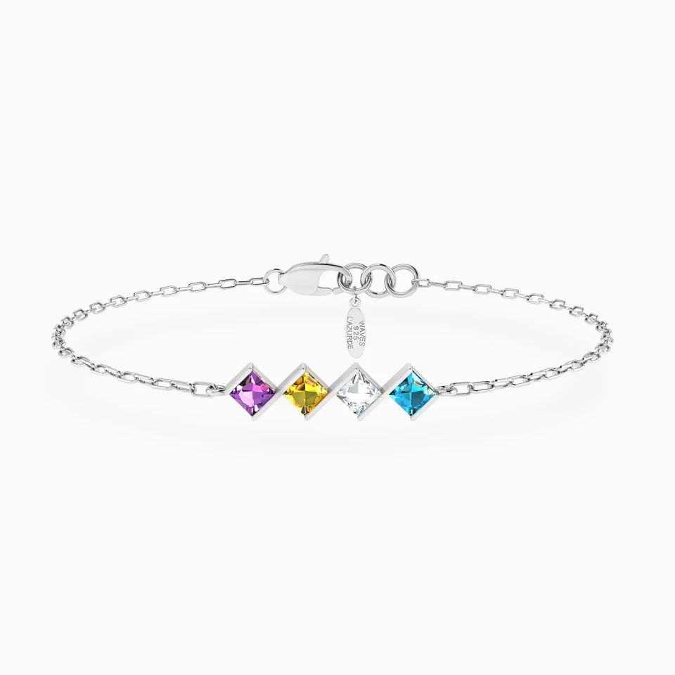 Four Squares Colored Stones Chain Bracelet in Silver Four Squares Colored Stones Chain Bracelet in Silver