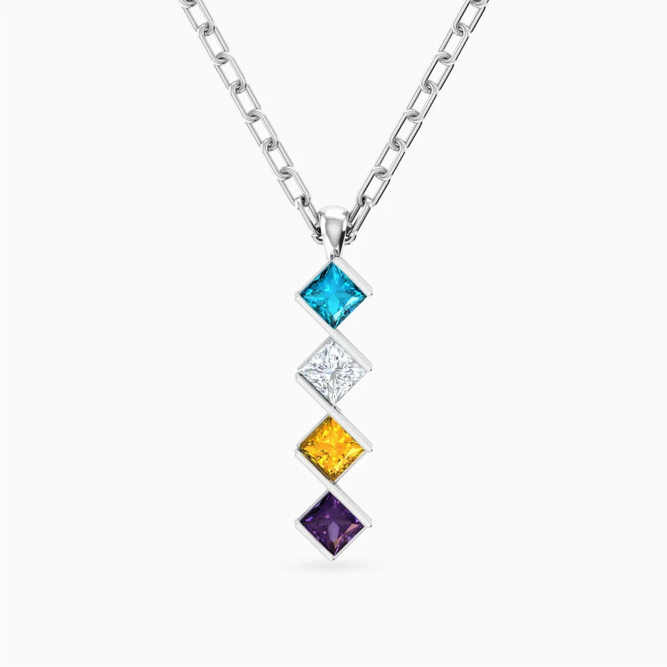 Four Squares Colored Stones Necklace in Silver Four Squares Colored Stones Necklace in Silver