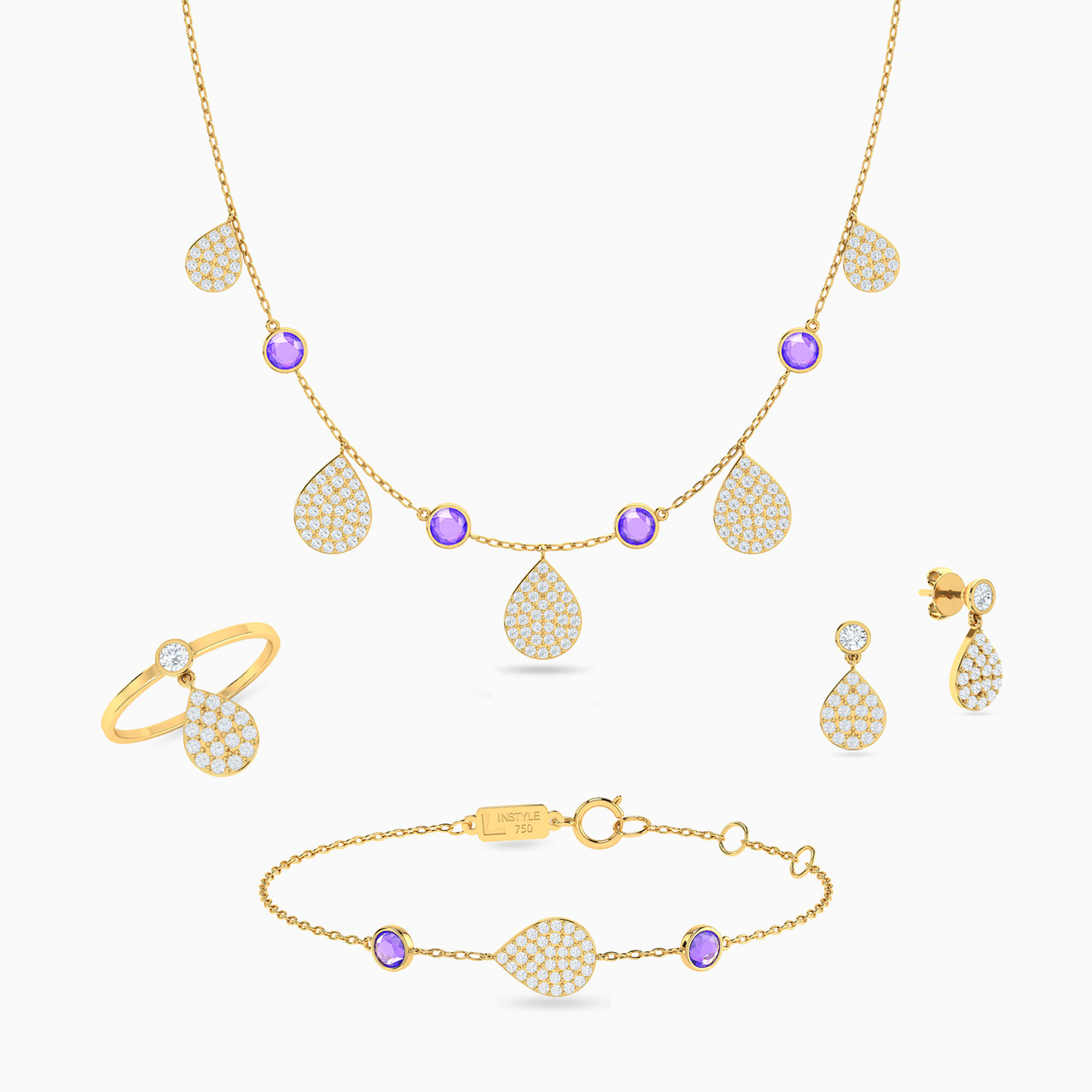 18K Gold Colored Stones Jewelry Set -4 Pieces