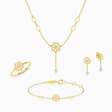 Flower Pearls & Colored Stones Full Set in 18K Gold (4 Pieces) - 112431100062001