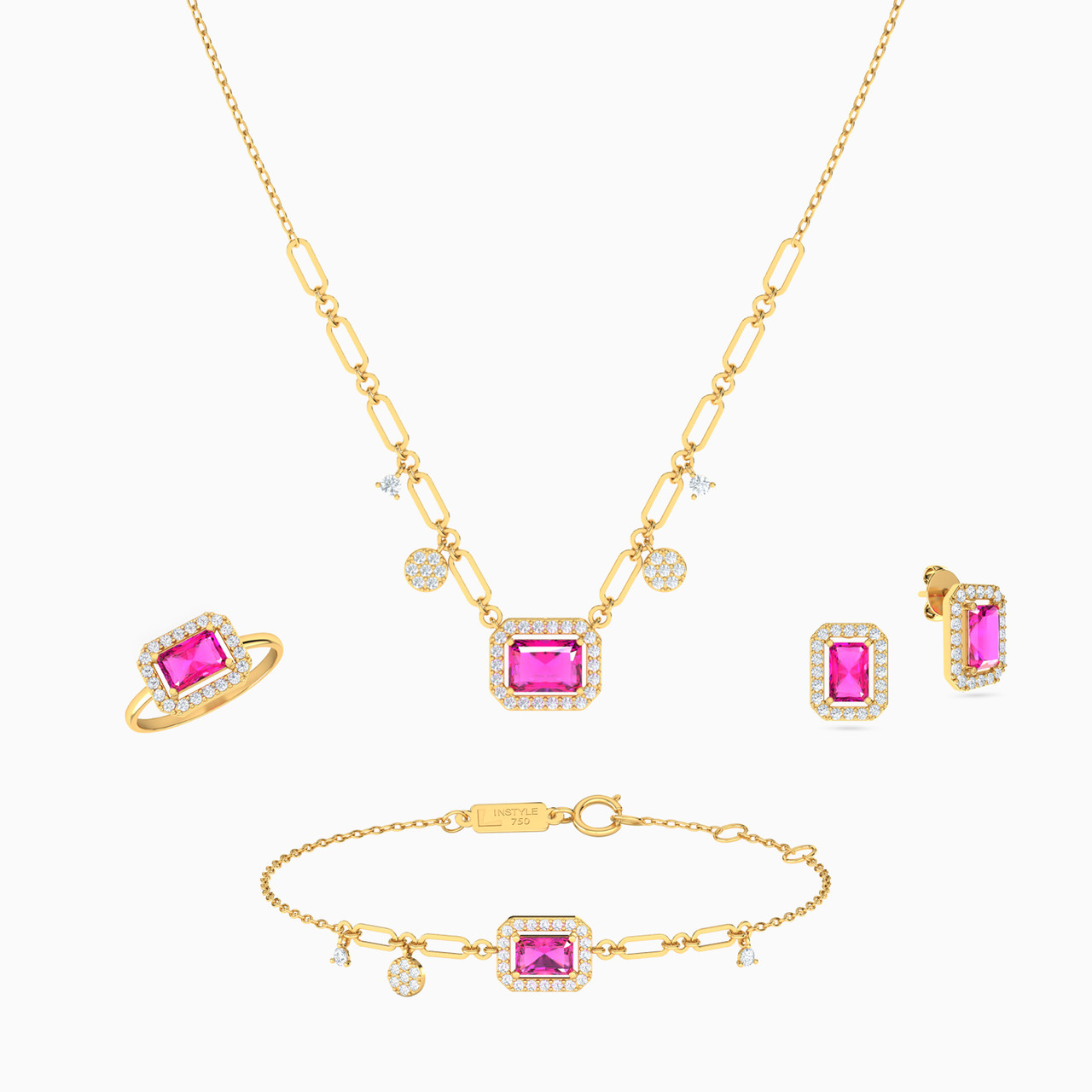 18K Gold Colored Stones Jewelry Set -4 Pieces