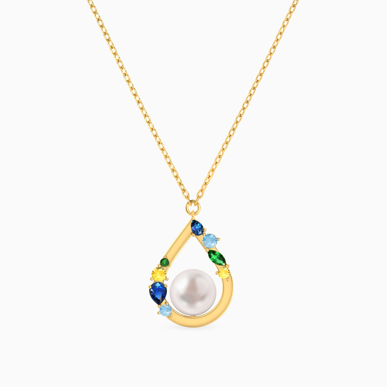 18K Gold Pearls & Colored Stones Pendant Necklace