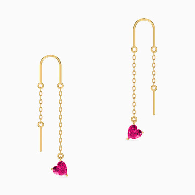 Heart Red Stone Thread Drop Earrings in 18K Gold - 112031100712001