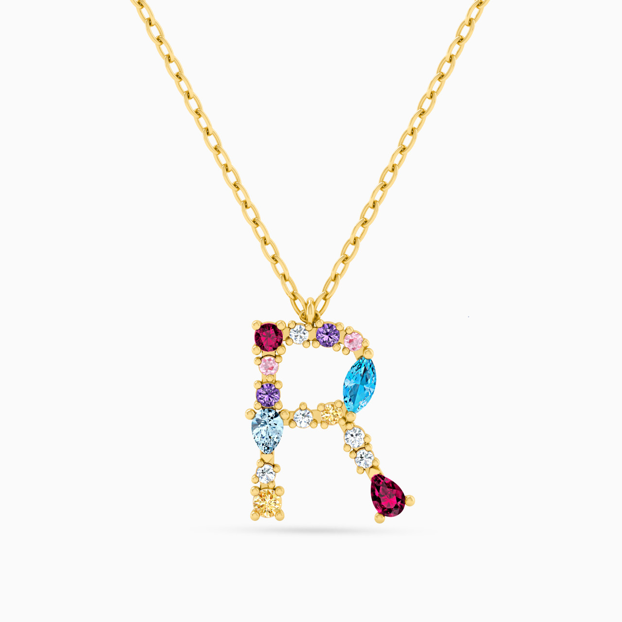 Letter R Shaped Colored Stones Pendant with 18K Gold Chain