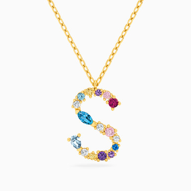 Letter S Colored Stones Necklace in 18K Gold - 112051100072451
