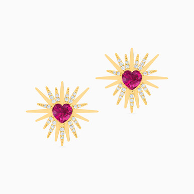 Heart Red Stone Stud Earrings in 18K Gold - 112031100062001