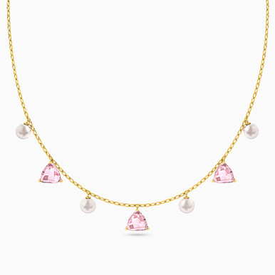 Triangle Rose Stone & Pearl Choker Necklace in 18K Gold - 112051100352451