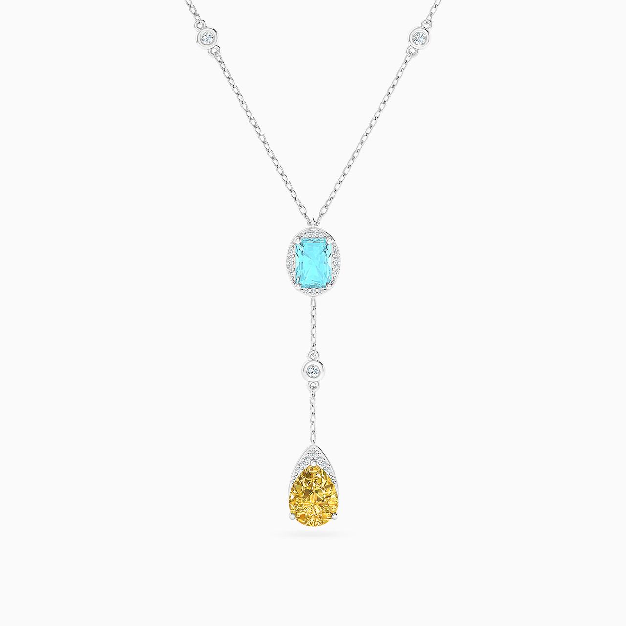 18K Gold Diamond & Colored Stones Drop Pendant Necklace