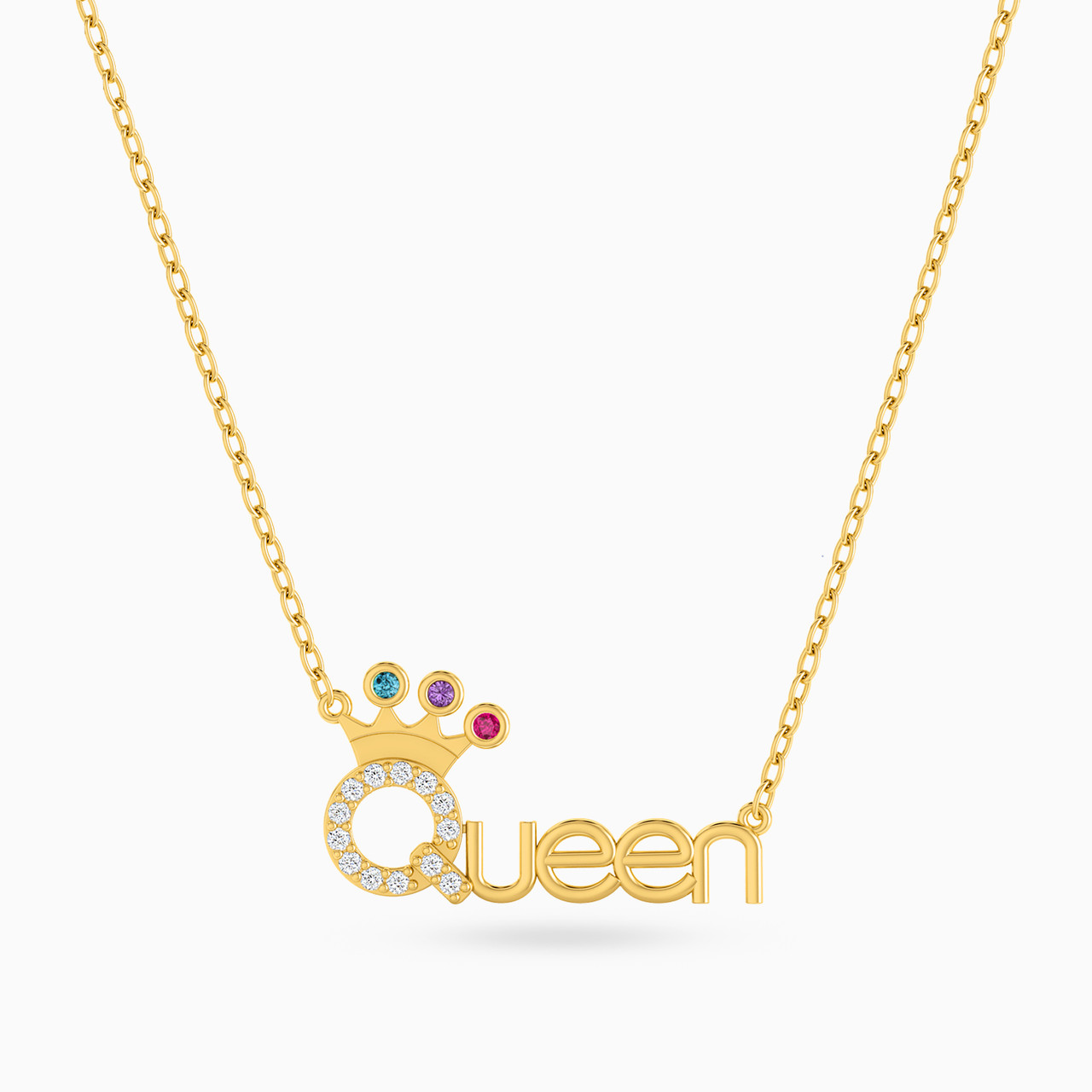 Queen word Shaped Colored Stones Pendant with 18K Gold Chain