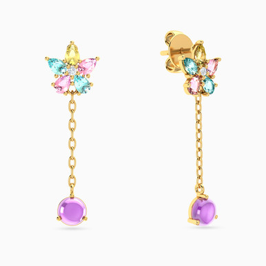 Flower Colored Stones Drop Earrings in 14K Gold - 102031100082001
