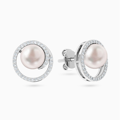 Circle Diamond & Pearl Stud Earrings in 18K Gold - HS20-223