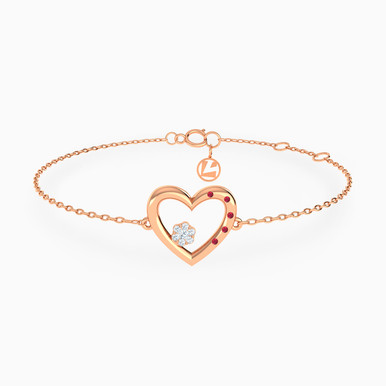 Heart Diamond & Red Stone Chain Bracelet in 18K Gold - 144361101053181