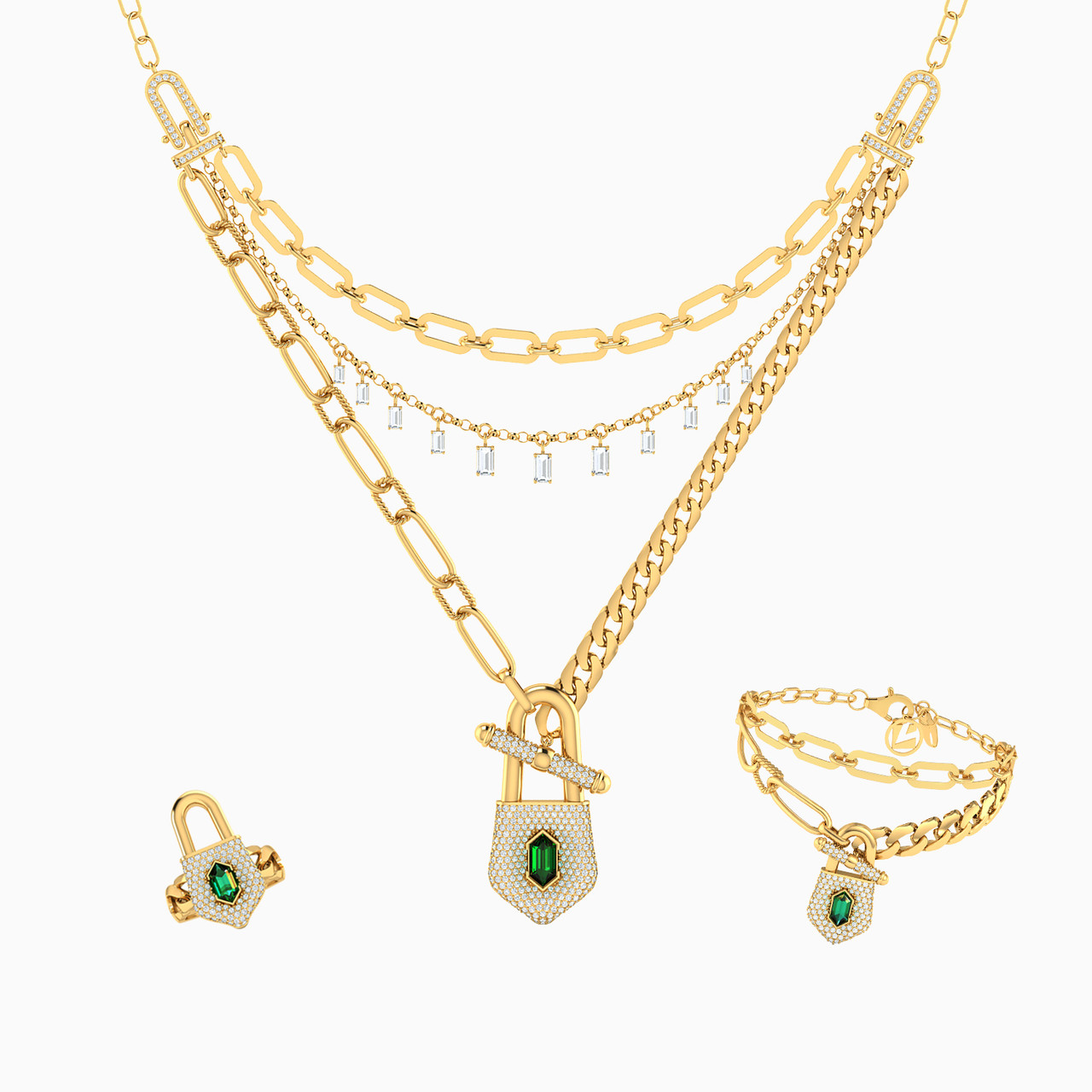 18K Gold Colored Stones Jewelry Set -3 Pieces